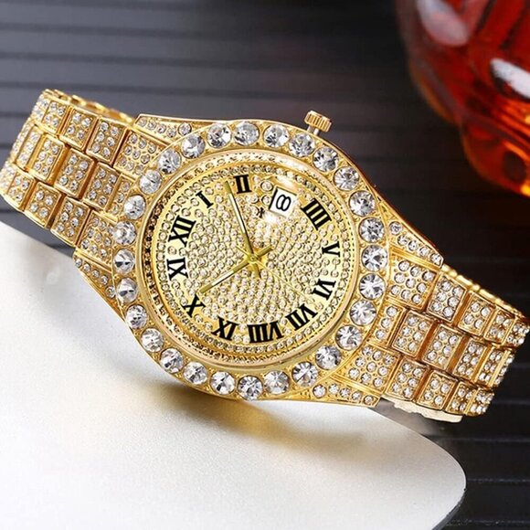 ✨ Hunruy Watches Men Gold Big Rocks Roman Numerals Fully Iced Out Dial Watch - Picture 4 of 6